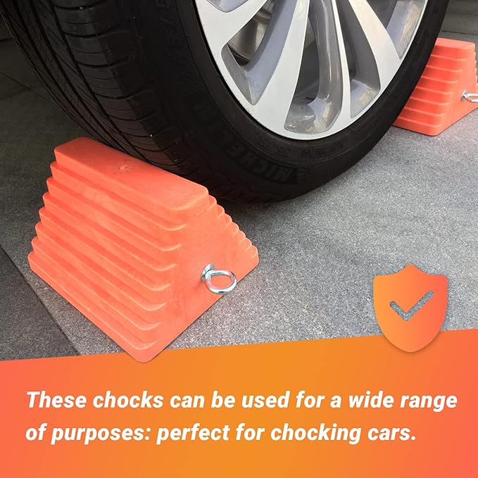 HOXWELL 2 Packs Wheel Chocks Heavy Duty Orange with Eyebolt, Vehicle Chock for Travel Trailers, Camper, Truck, Car and ATV, 9.1" Length x 7.1" Width x 5.5" Height
