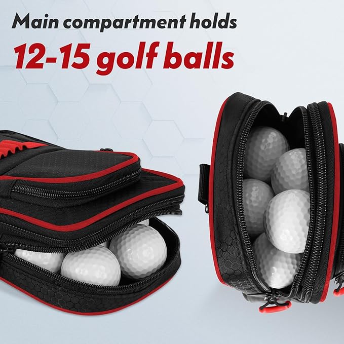 mytag Golf Ball Bag Pouch | Store 12-15 Balls, Golf Valuables Pouch Portable Outfit Organizer Bag Organizer Case Multipocket (Red/Black)