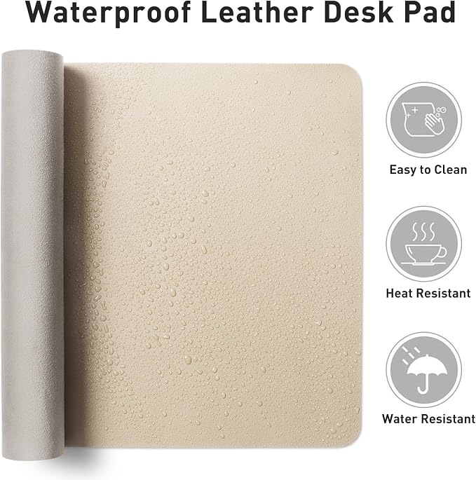 Aothia Faux Leather Desk Mat – Large Mouse Pad, Non-Slip PU Leather Blotter, Waterproof Writing Surface for Office and Home (Beige, 47.2" x 23.6")