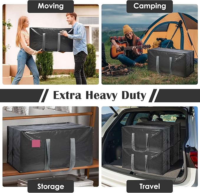 12 Pack Extra Heavy Duty Large Moving Bags with Reinforced Zipper & Wide Handles, Waterproof Storage Bins for Clothes, College Dorm, Travel, and Home Organization, Gray