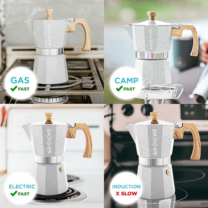 GROSCHE Milano Moka pot, Stovetop Espresso maker, Greca Coffee Maker, Stovetop coffee maker and espresso maker percolator (Grey, 9 cup) | Cuban Coffee Maker And Italian Moka Pot For Stovetop Espresso; For Gas, Electric, And Propane Stoves With A Soft-T...