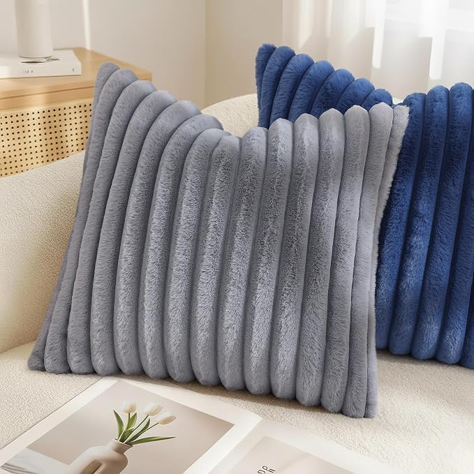 decorUhome Fall Faux Fur Throw Pillow Covers 12x20 Set of 2 Grey | Decorative Soft Cozy Striped Plush Modern Farmhouse Boho Couch Pillow Cases Velvet Back for Sofa Bed Living Room Home Decor