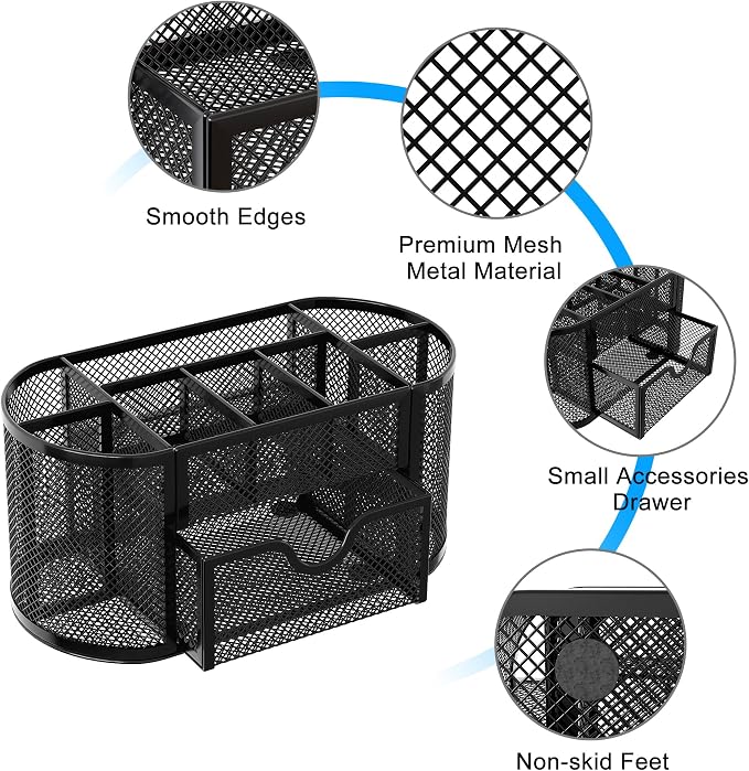 EasyPAG Mesh Pen Holder Desk Organizer with Drawer Stationery Supplies Organizer for Dorm School 9 Compartments Workspace Desk Accessories Organization for Office, Black