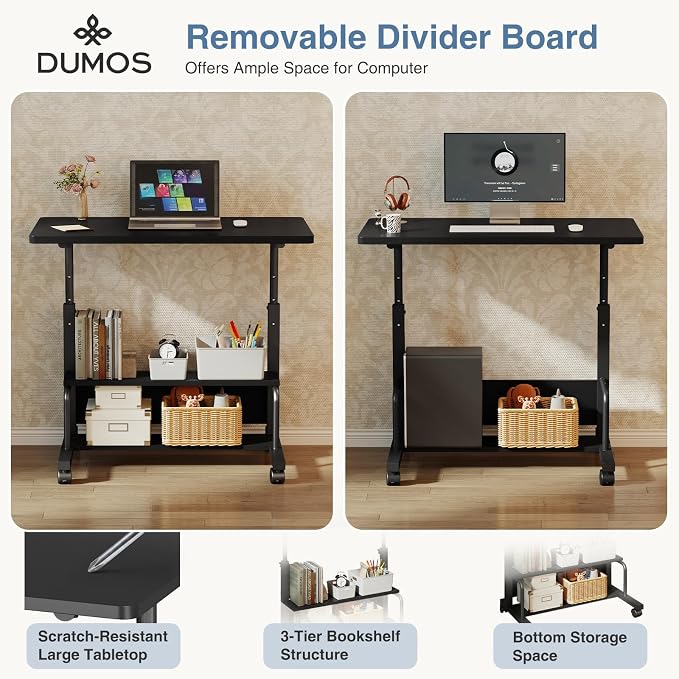 DUMOS Rolling Desk, Storage Shelves, Laptop Table, Home Office | Height Adjustable Design, Computer Desks on Wheels, Portable for Small Spaces Use, Black