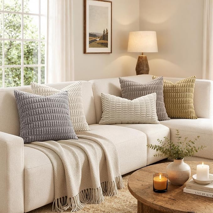 MIULEE Pack of 2 Corduroy Decorative Throw Pillow Covers 20x20 Inch Soft Boho Striped Pillow Covers Modern Farmhouse Home Decor for Sofa Living Room Couch Bed Cream White