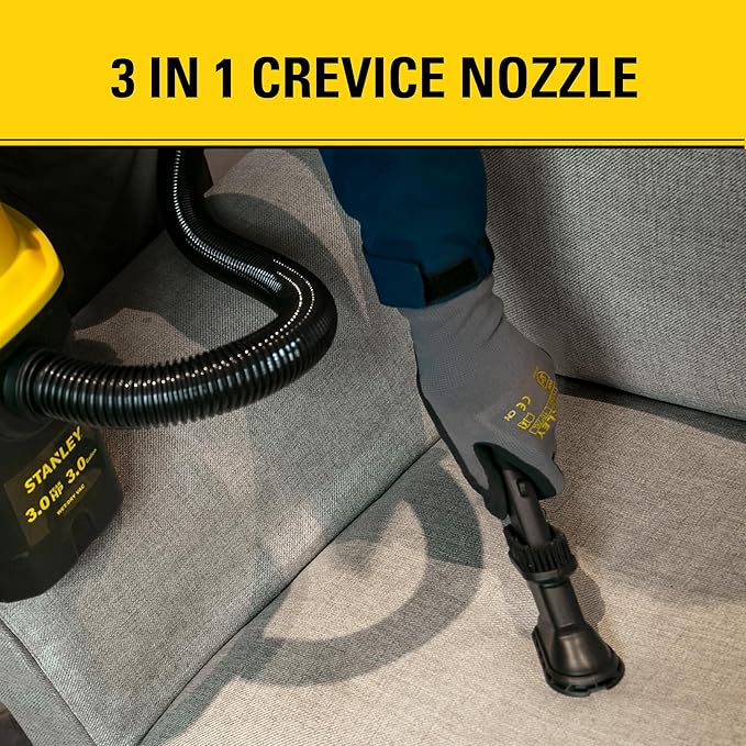 Stanley 3 Gallon Portable Shop Vacuum, 3 Peak HP Wet Dry Suction Vac,Multi-functional Crevice Nozzle with Retractable Hose Vacuum for Home, Car Detailing, Jobsite, Garage & Workshop SL18910P-3