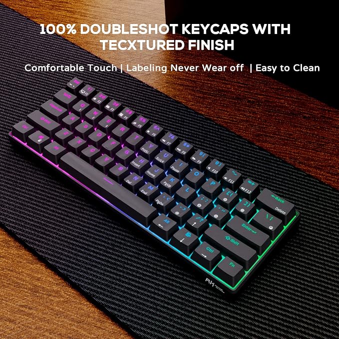 RK ROYAL KLUDGE RK61 60% Wireless Mechanical Keyboard w/Coiled Cable, Black | RGB Gaming Keyboard with Bluetooth/2.4G/Wired, Hot Swappable 61 Keys Ultra-Compact for Win/Mac/PC Game, Tactile Brown Switch