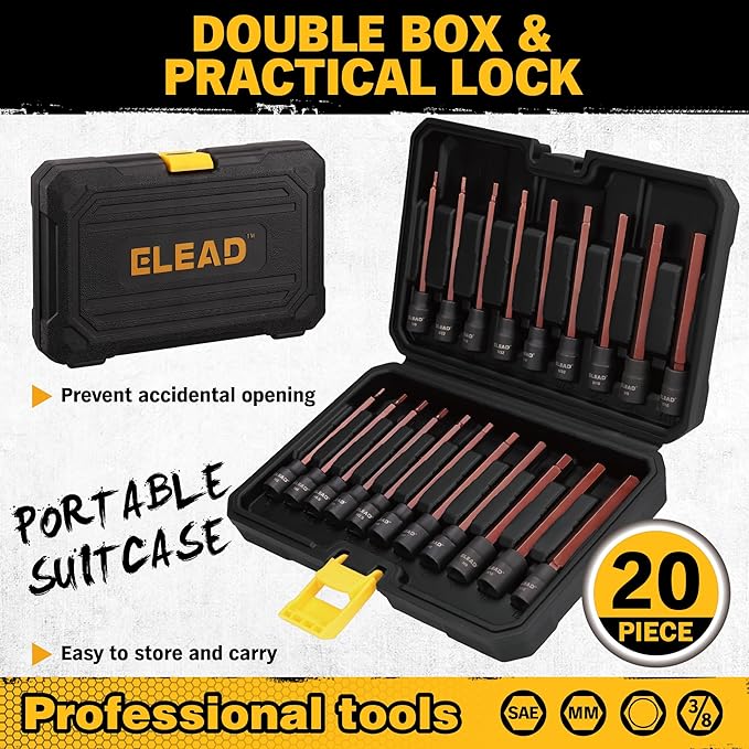 ELEAD 20-Piece 3/8 Inch Drive Extra-Long Allen Hex Bit Socket Set: S2 Steel, Standard SAE & Metric (1/8-Inch - 7/16-Inch, 3-12mm) for Impact Drills and Ratchet Wrenches