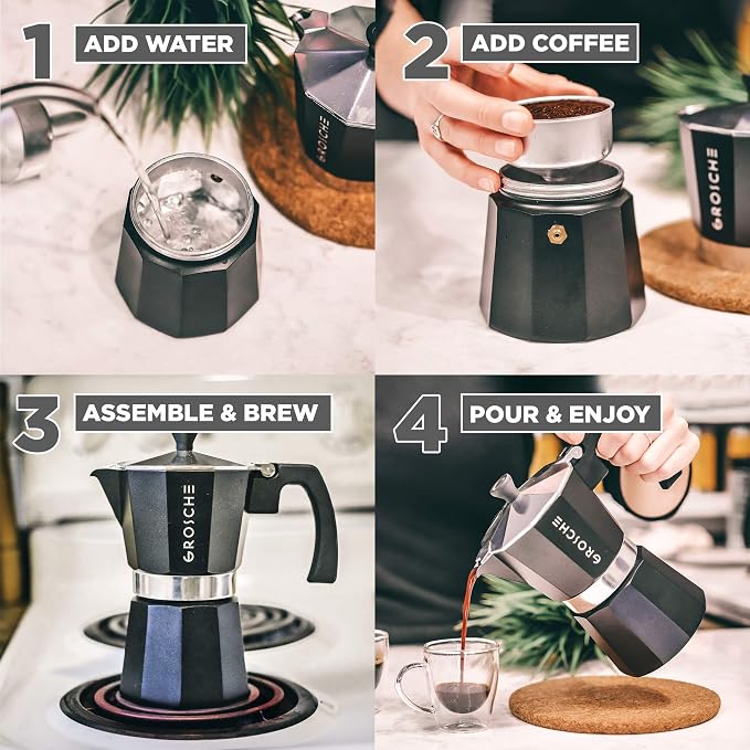 GROSCHE Milano Stovetop Espresso Maker Moka Pot 3 espresso Cup - 5 oz, Black - Cuban Coffee Maker Stove top coffee maker Moka Italian espresso greca coffee maker brewer percolator | Cuban Coffee Maker And Italian Moka Pot For Stovetop Espresso; For Gas...