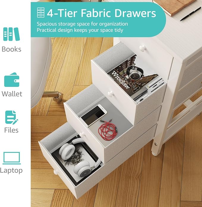 Lufeiya Small White Desk with Drawers for Bedroom, 40 Inch Kids Girls Study Desks, Reversible Computer Writing Nail Table with Fabric Drawer for Small Spaces Home Office Manicure