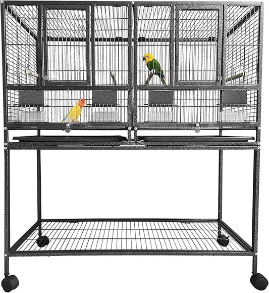43'' Wrought Iron Birdcage with Detachable Rolling Stand & Feeder, Large Bird Cage with Secure Lock & Slide-Out Tray, Indoor Outdoor Bird Cage on Wheels,Parrot Cages for Parakeets, Pigeons, Black