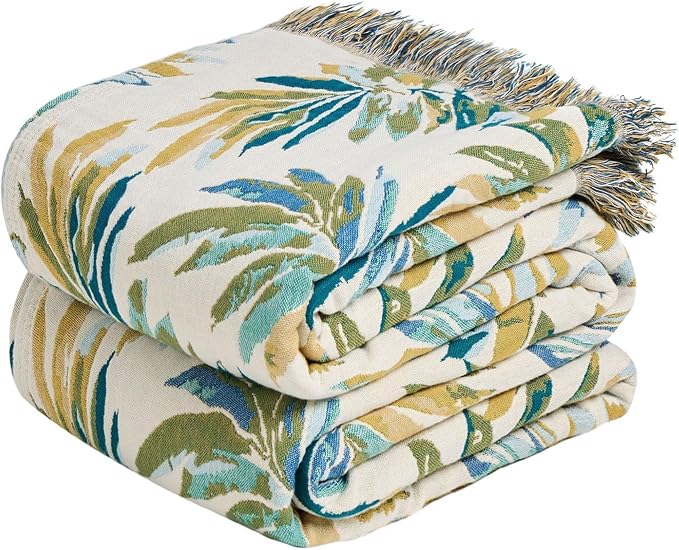 LUTBM Boho Throw Blanket for Bed 60"x80", All Season Cotton Couch Blankets | Reversible Leaves Jacquard, All-Season Twin Lightweight Breathable Quilt, For Chair Sofa Bedroom Living Room, Home Decor