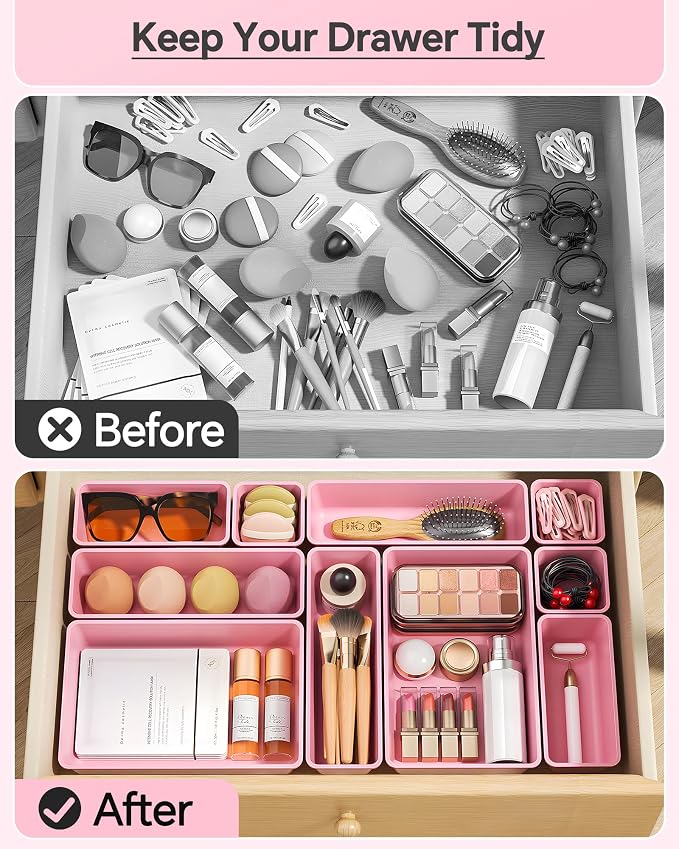 KEMETHY 25 PCS Plastic Drawer Organizers Set, 4 Sizes Vanity Organizer | Makeup and Desk Drawer Organizer Trays, Organization and Storage for Makeup, Bathroom, Kitchen Utensils and Office (Pink)