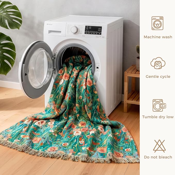LUTBM Cotton Boho Blanket for Bed, Queen Soft Lightweight Reversible Quilt | 90"x90" Floral Embroidery Blankets, All-Season Bedspread, For Chair Sofa Couch Bedroom Living Room Decor, Breathable Gauze