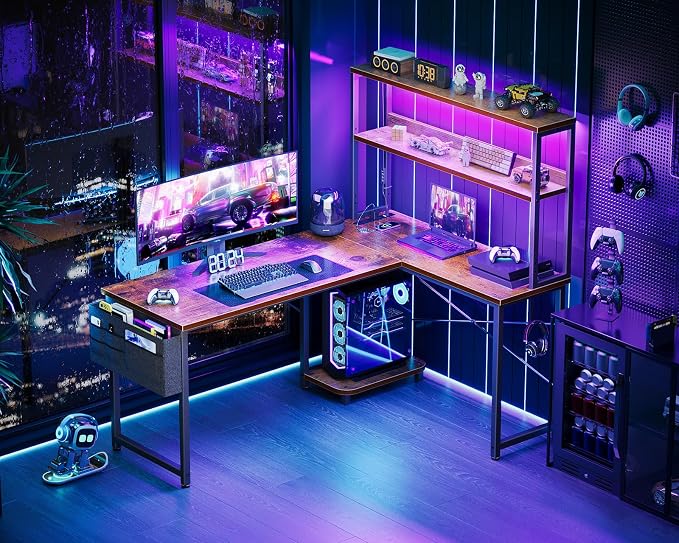 AODK L Shaped Desk Gaming Desk with LED Light & Power Outlet | 53 Inch Vintage Reversible L Shaped Computer Table with Shelf & Storage Bag & Hook for Home Office