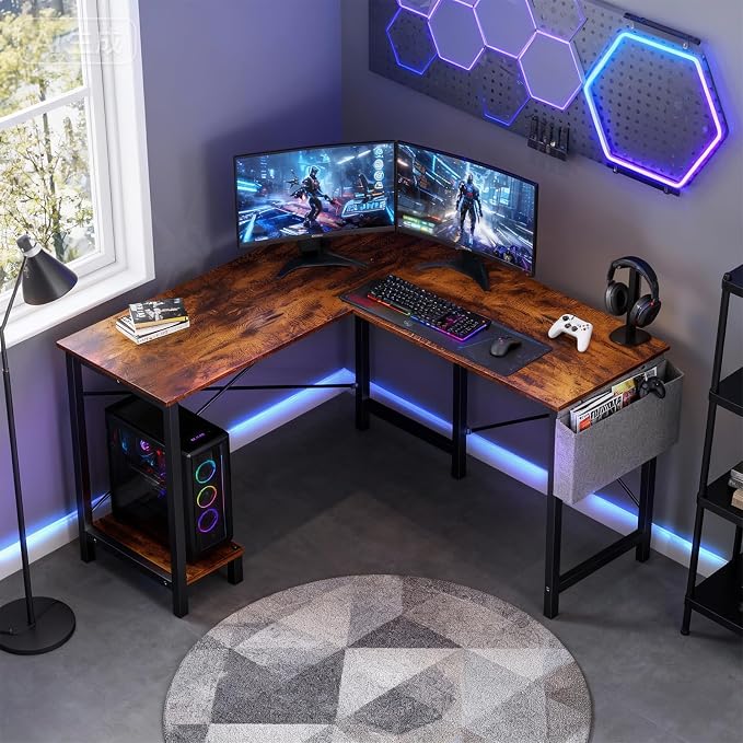 OLIXIS L Shaped Desk, 50-Inch Office Computer Gaming Desks Corner PC Table with Side Bag and Reversible Shelf for Home Work Study Writing Rustic Brown | Side Bag, Reversible Shelf, Home Work Study Writing, PC Workstation, Easy Assembly, Rustic Brown
