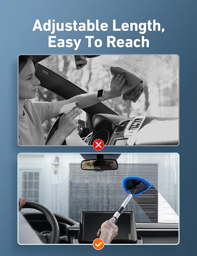 AstroAI 26" Super-Long Windshield Cleaner Tool, Car Interior Window Detailing Cleaning Kit with Extendable Handle and 4 Upgraded Reusable Microfiber Pads, Auto Glass Wiper Brush Kit for Car&Home, Blue