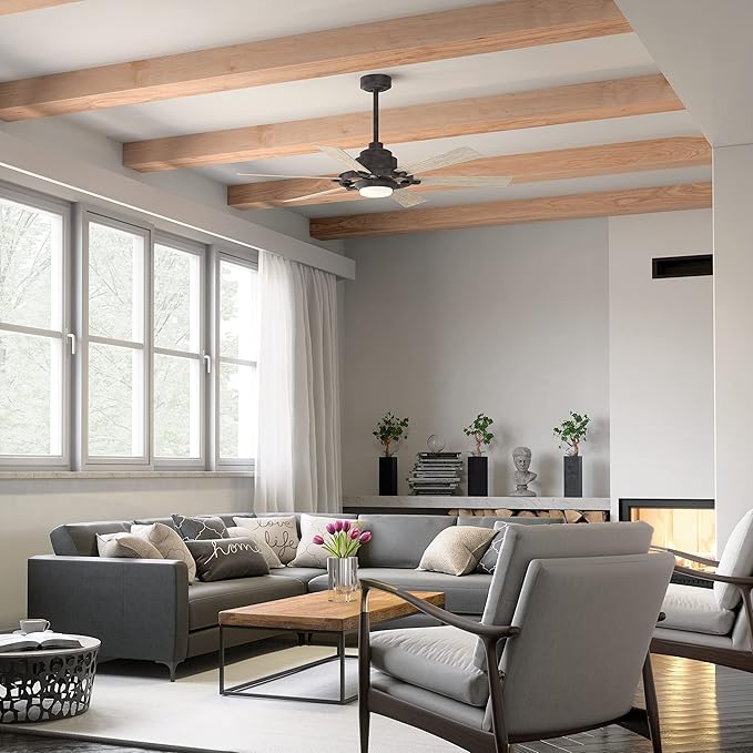 Kichler 52 Inch Gentry Lite LED Ceiling Fan and Etched Cased Opal Glass in Weathered Zinc with Weathered White Walnut Blades