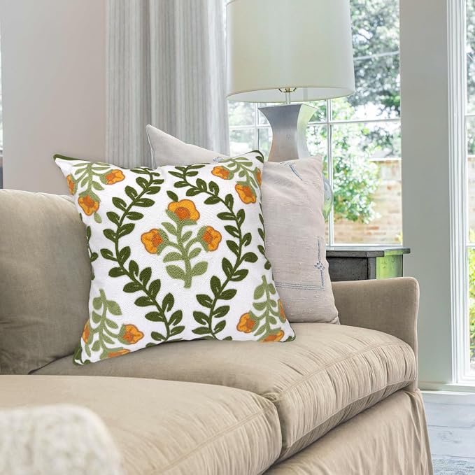 Alysheer Floral Embroidered Summer Decorative Throw Pillow Covers 18"x 18" Set of 2, Farmhouse Cottage Orange Flowers Green Leaves Knit Patterned Cotton Canvas Cushion Case for Couch Bed Living Room