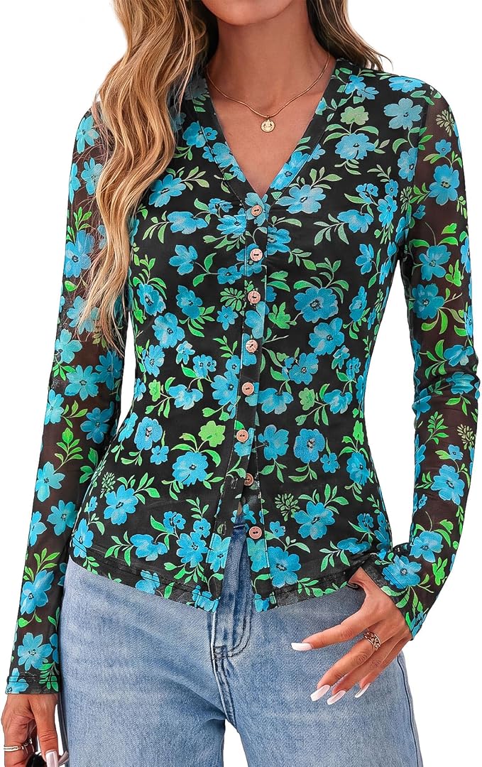 BTFBM Button Down Shirts for Women 2026 Fall Boho Tops V Neck Long Sleeve Blouses Ruched Mesh Fitted Fashion Clothing