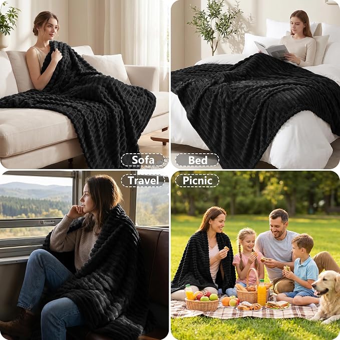 Black Blankets Queen Size for Bed, 90 x 90 Inch | 300GSM Ribbed Fleece Blanket, Soft, Cozy & Lightweight, OEKO-TEX Certified, All-Season for Bedrooms, Guest Rooms & Gifting