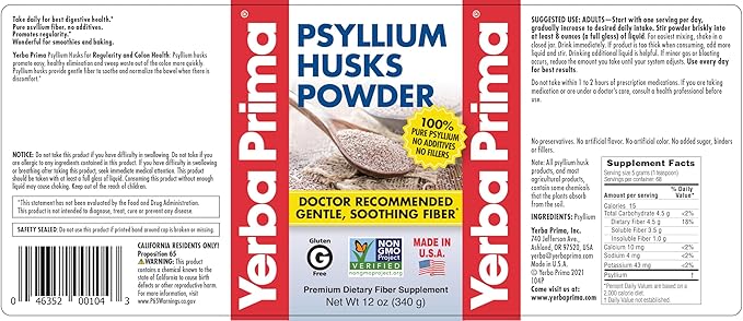 Yerba Prima Psyllium Husk Powder 12 oz (Pack of 2) - Natural Fiber Supplement