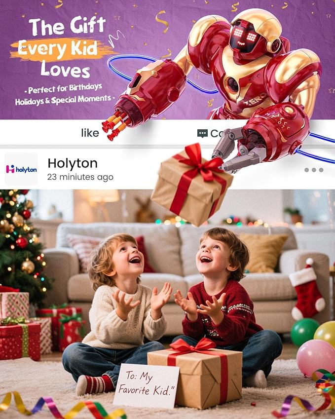 Holyton 5088 Smart Robot for Kids, Programmable Remote Control Robot | 15.7" Large Robot, Voice, App & Remote Control, Grab & Foam Dart Launcher, Music & Dancing, STEM Toy, Gift for Kids Ages 5-12