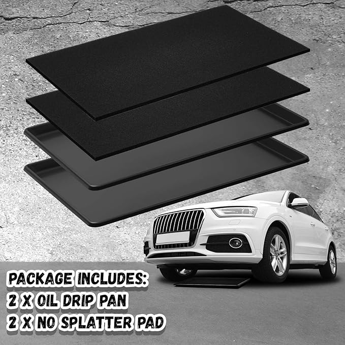 Uiifan 2 Sets Oil Catch Pan with Anti-Splash Pad, 35 x 24 x 1.4 Inch Large Heavy Duty Oil Drain Pan for Under Car, Chemical & Heat Resistant Drip Tray for SUV Truck Garage Protection