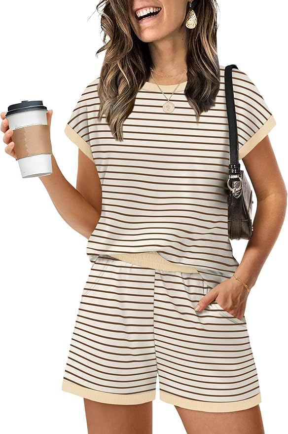 WIHOLL Two Piece Sets for Women Summer Lounge Short Sets Cap Sleeve Crew Neck Sweatsuit with Pocket XS-2XL