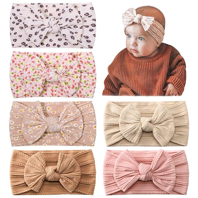 jollybows 6pcs Baby Nylon Headbands Hair Bow Elastics Hairbands Hair Accessories for Baby Girls Newborn Infant Toddlers Kids (Upgrade patterns colors)
