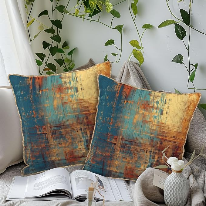 Vintage Abstract Teal Orange Velvet Pillow Covers 16x16 InchMessy Blue Rust Throw Pillows for Couch Cushion Covers Pillowcase Retro Colorful Art Pillow Cases for Sofa Bed Living Room