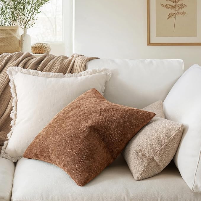 MIULEE Textured Chenille Throw Pillow Covers 18x18 Inch Pecan Brown | Pack of 2 Decorative Soft Throw Pillows, Solid Textured Cushion Covers, Modern Home Decor for Couch Sofa Bedroom Living Room