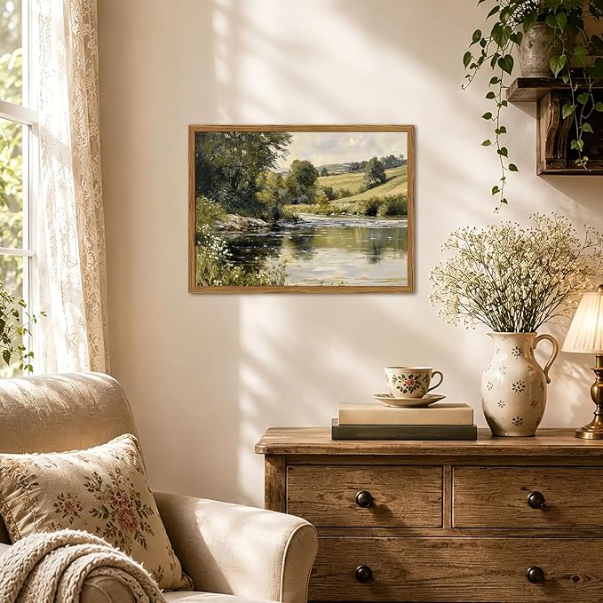 Framed Vintage Landscape Wall Art, Country Nature River Pictures Wall Decor, Rustic Field Paintings Canvas Prints Farmhouse Home Decor Aesthetic for Living Room Bedroom Bathroom 16x24 inch
