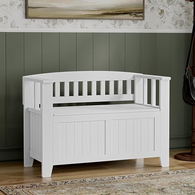 SIMPLIHOME Acadian Entryway Storage Bench - 36 inch Wide Solid Wood Small Hallway Seat in White, Transitional Bench for Mudroom or Entryway with Lift-Up Lid, 2 Compartments and Slatted Backrest