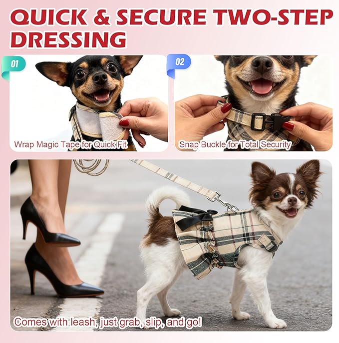 EXPAWLORER Dog Harness Small Medium Sized Dogs, Plaid Dog Dress Bowknot Harness and Leash Set, No Choke No Pull Soft Mesh Vest Cute Princess Puppy Outfits Clothes Costume for Girls Party Cats Navy M