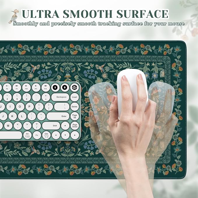 iCasso Aesthetic Flower Mouse Pad,23.6x13.7in,Deep Green | Vintage Desk Matt for Desktop, Anti-Slip Mousepad with Stitched Edges for Laptop Computer Keyboard