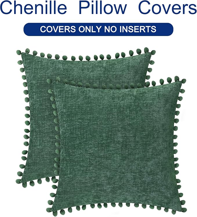 CaliTime Decorative Couch Throw Pillow Covers 20 X 20 Inches Dark Green | Pack of 2, Cozy Chenille Cushion Cases, with Pom Poms for Sofa Bed Living Room Farmhouse Home