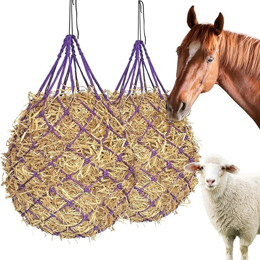 2PCS Hay Nets for Horses,2.36"x2.36" Holes 40”Horse Hay Feeder Net for Slower Feeding,Strong Load-Bearing Hay Bag Hanging for Horse Stable Trailer (Purple)