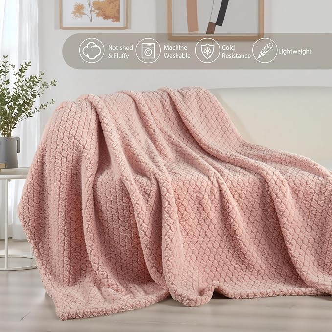 Exclusivo Mezcla Soft Fleece Throw Blanket for Couch, Pink | Jacquard Lightweight Cozy Throws for Bed, Sofa, Breathable Decorative Fuzzy Textured All Season Use, 50x60 Inches