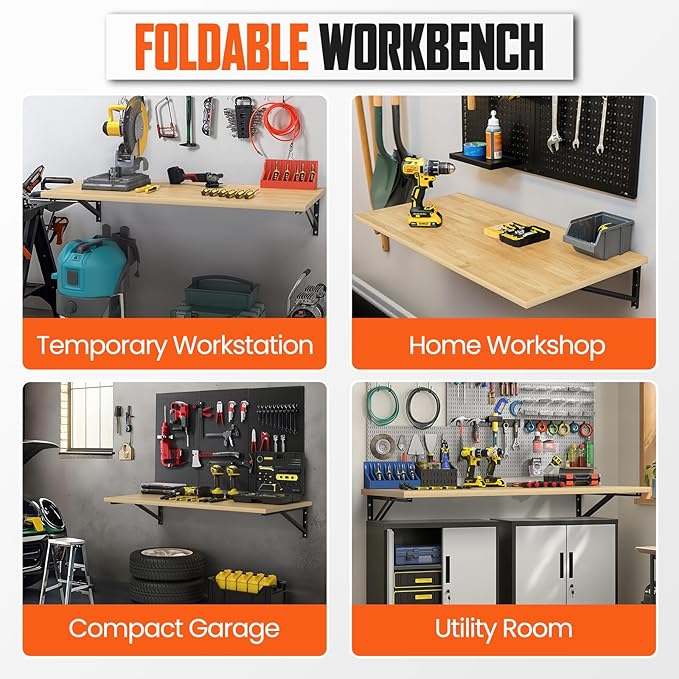 50” Heavy Duty Wall Mount Folding Workbench, 600LBS Garage Chipboard Workbench Table with Shelf & Power Tool Dock, Space Saving Collapsible Steel Frame for Workshop, Kitchen, Laundry Room