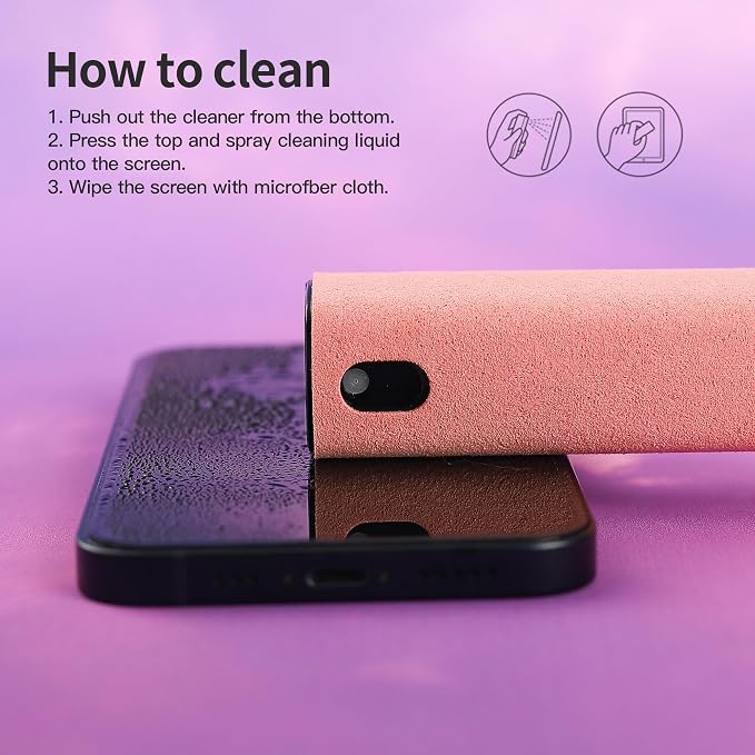 CUIUD Touchscreen Screen Cleaner Kit 2 Pcs, Phone, Tablet and Car Screen Cleaner, Two in One Spray and Microfiber Cloth(2 Pack Pink)
