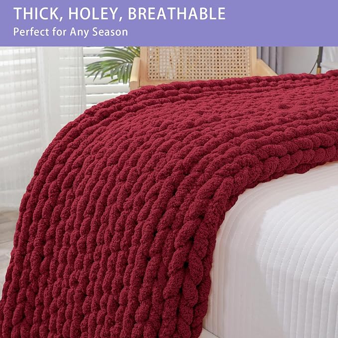 Bigacogo Chunky Knit Throw Blanket for Couch, 51x63 inches, Red | Hand Knit with Jumbo Chenille, Soft Breathable Cable Knit for Sofa Bed Living Room, Machine Washable, Gift for Mom Friend