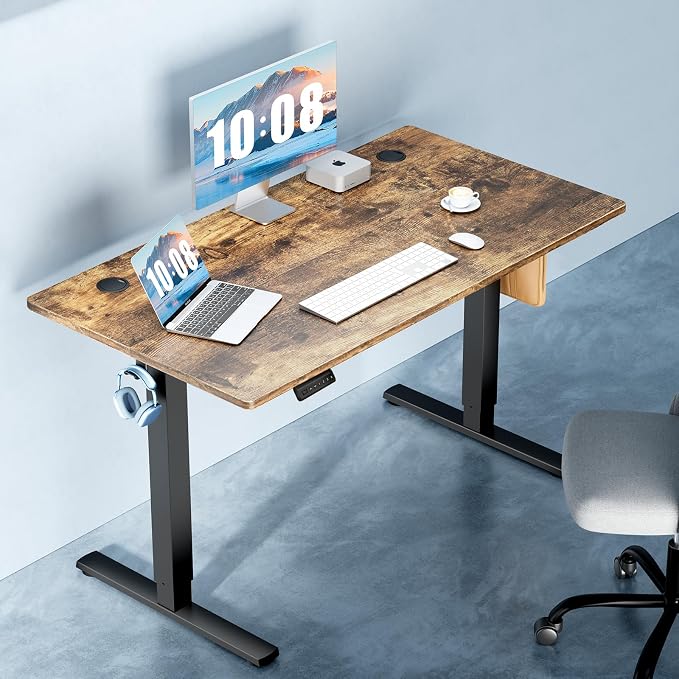 DUMOS 40 Inch Electric Standing Desk, Memory Adjustable Home Office Desk | Sit Stand Up Desk for Work Home Office,Adjustable Desk, Rising Computer Table with Splice Board,Cable Management,Hook,Brown