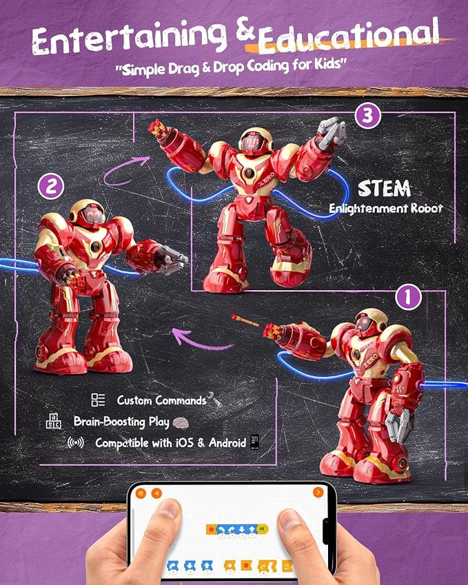 Holyton 5088 Smart Robot for Kids, Programmable Remote Control Robot | 15.7" Large Robot, Voice, App & Remote Control, Grab & Foam Dart Launcher, Music & Dancing, STEM Toy, Gift for Kids Ages 5-12