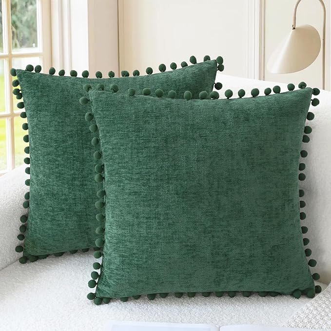 CaliTime Decorative Couch Throw Pillow Covers 18 X 18 Inches Dark Green | Pack of 2, Cozy Chenille Cushion Cases, with Pom Poms for Sofa Bed Living Room Farmhouse Home