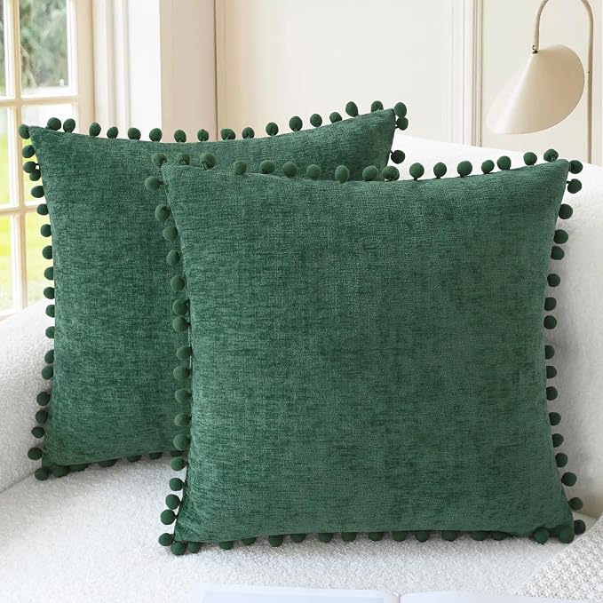CaliTime Decorative Couch Throw Pillow Covers 16 X 16 Inches Dark Green | Pack of 2, Cozy Chenille Cushion Cases, with Pom Poms for Sofa Bed Living Room Farmhouse Home