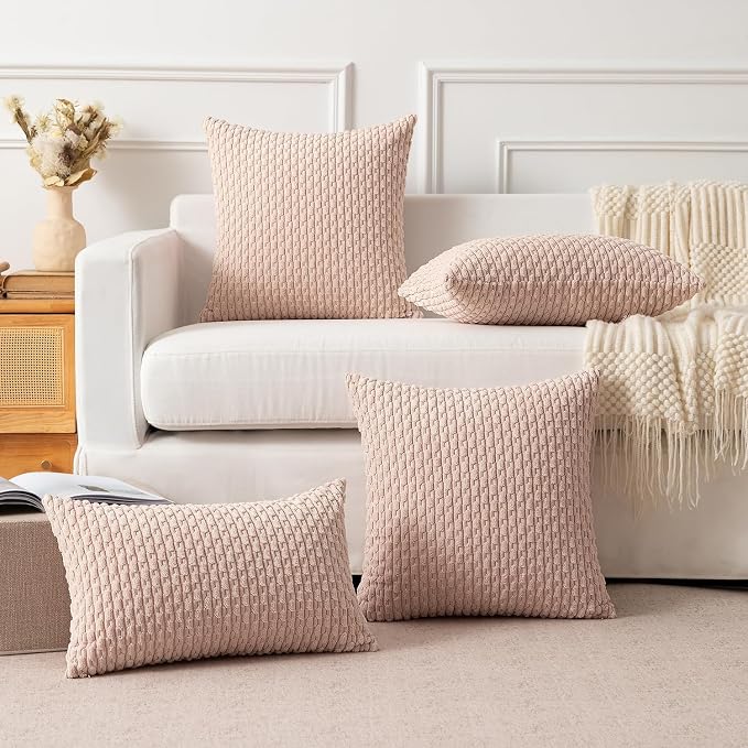 Kevin Textile Soft Corduroy 12"x24" Lumbar Pillow Cover 1 Pack, Light Pink | Boho Stripe Plush Corduroy Decorative Oblong Cushion Cover Modern Farmhouse Home Decor for Sofa Couch Bed Chair