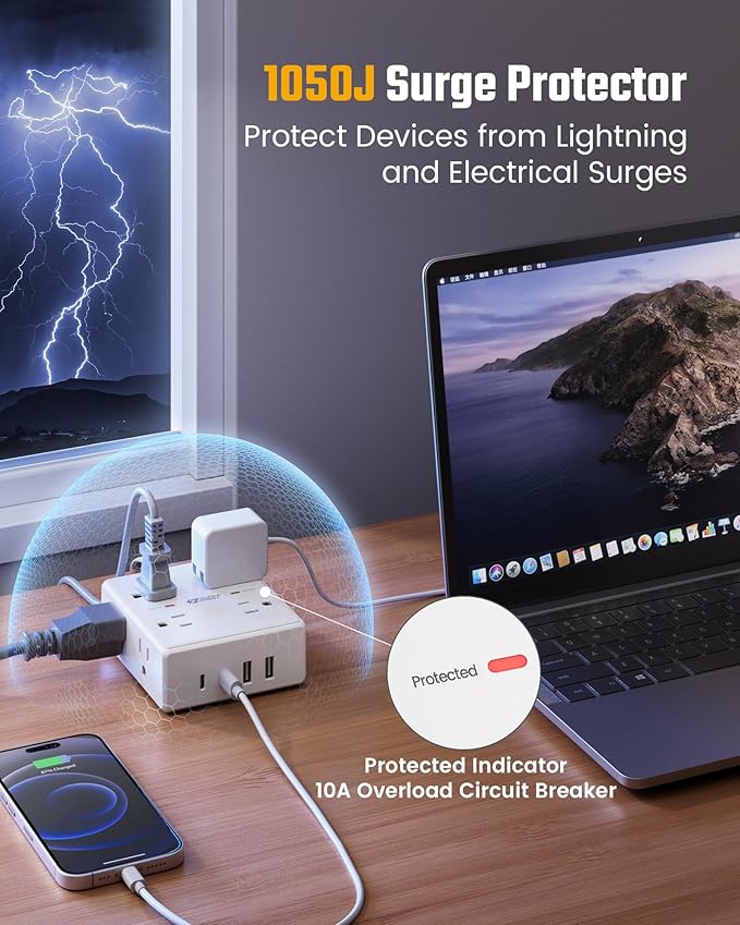 20Ft Long Extension Cord, Flat Plug Power Strip with 8 Outlets & 4 USB Ports (2 USB C), Wall Mountable Surge Protector, Desk Charging Station for Home Office, College Dorm Room Essentials