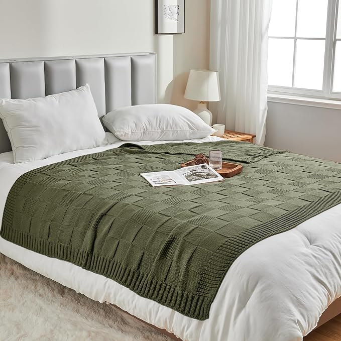 CozeCube Olive Green Knitted Checkered Throw Blanket 50"X60" | Check Knit Throw for Couch, Decorative Christmas Soft Cozy Warm Blanket for Bed Sofa Living Room