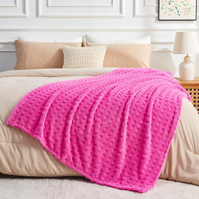 NEWCOSPLAY 3D Waffle Checkered Flannel Queen Blanket, Hot Pink, 90"x90" | Super Soft Cute Lightweight Decorative Premium Silky Fleece Blanket for Couch Sofa Bed, Gift for Women Men, All Season Use
